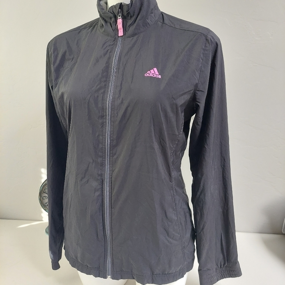Adidas Black Pink Three Stripe‎ Jacket M Full Zip Front Pockets Lightweight
